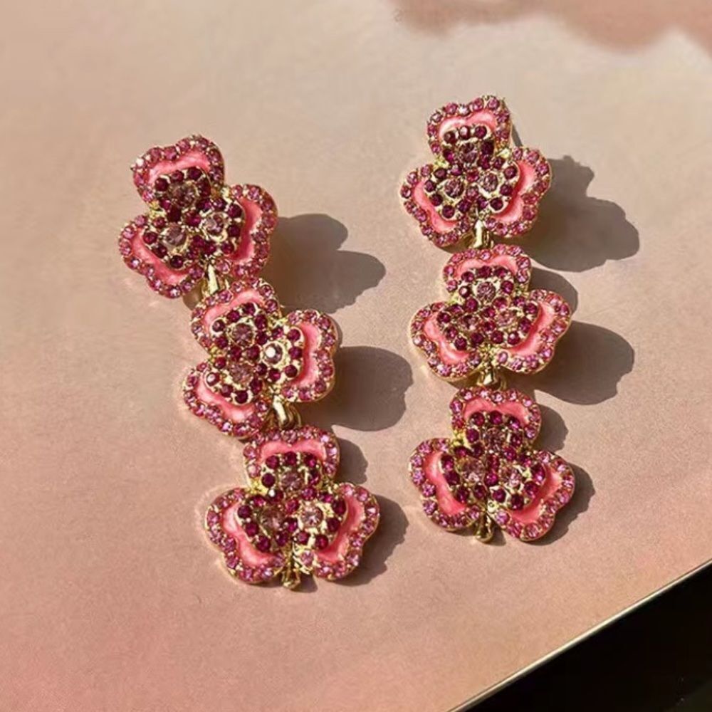 ✨🆕✨ Romantic Unique Gold Plated Pink Clover Simulated Gems Dangle Earrings✨